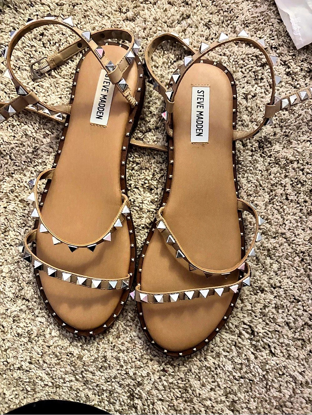 Steve Madden Travel Tan Studded Flat Sandal Brown